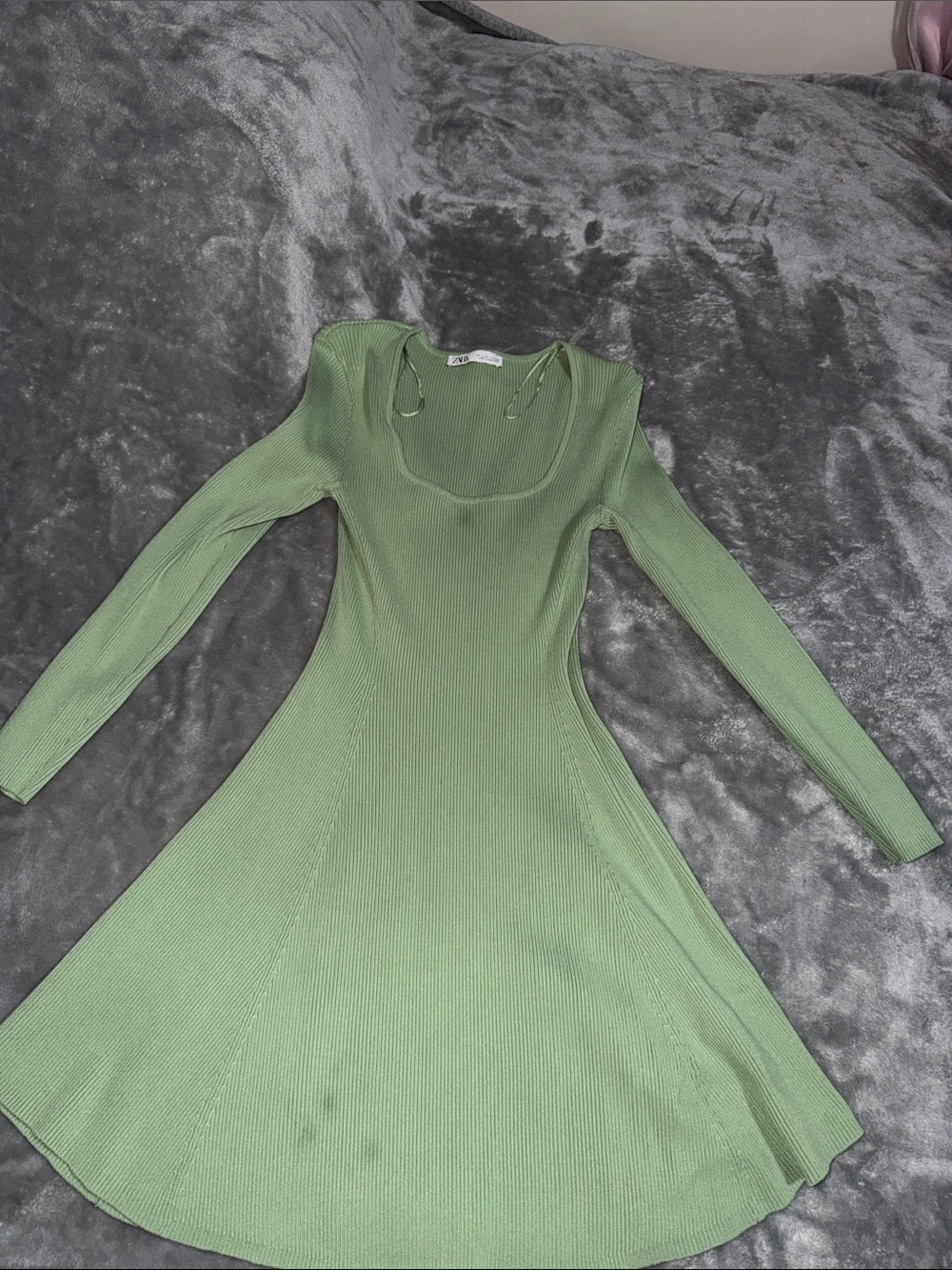 Zara Light Green Ribbed Long Sleeve Fit-and-Flare Dress